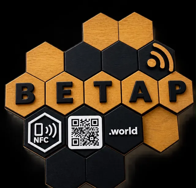 Panal BETAP: letrero de hexágonos de madera con las letras BETAP, chip NFC y código QR